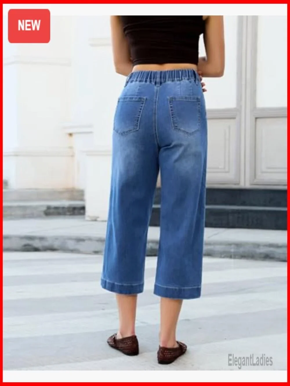 Wide Leg High Waisted Capri Jeans Pull On Elastic Waist Summer Stretch Denim